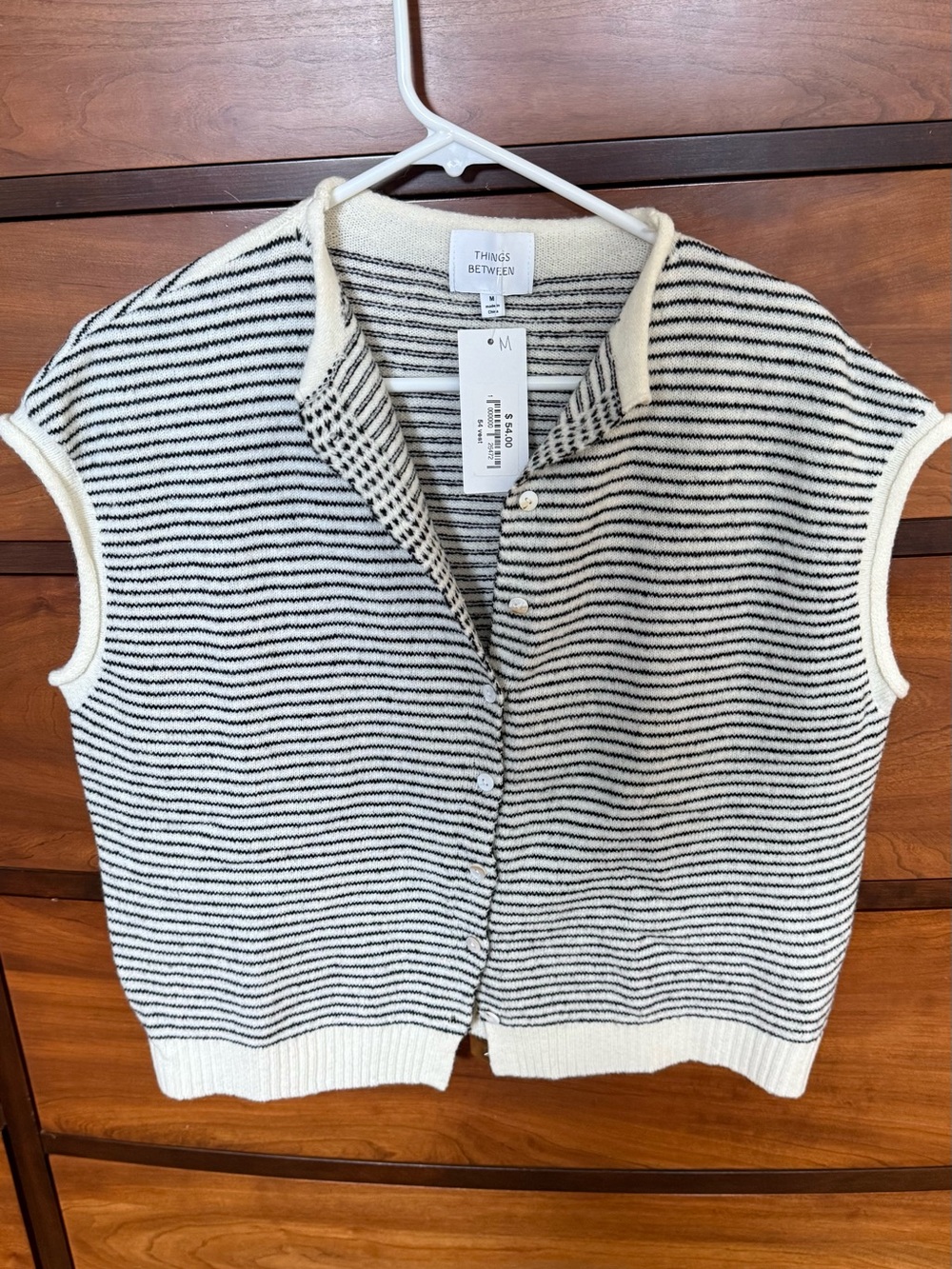 Things Between Cream & Black Striped Knit Button Vest - M